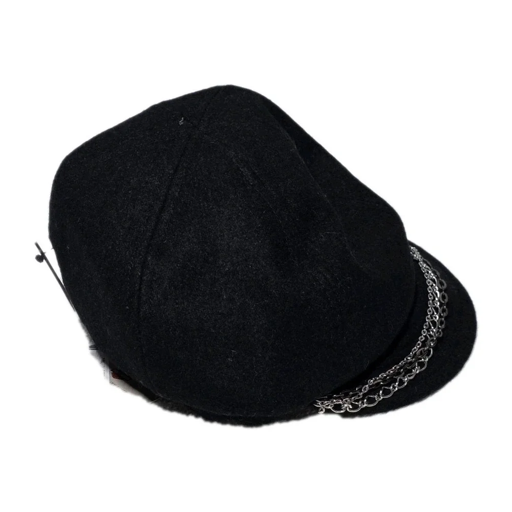 NWT Harley Davidson Womens Bk. Wool Blend Newsboy Hat Satin Lining Silver‎ Chain